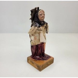 Vintage Handmade Mexican Folk Art Paper Mache Figurine Old Woman w/ Wood on Back